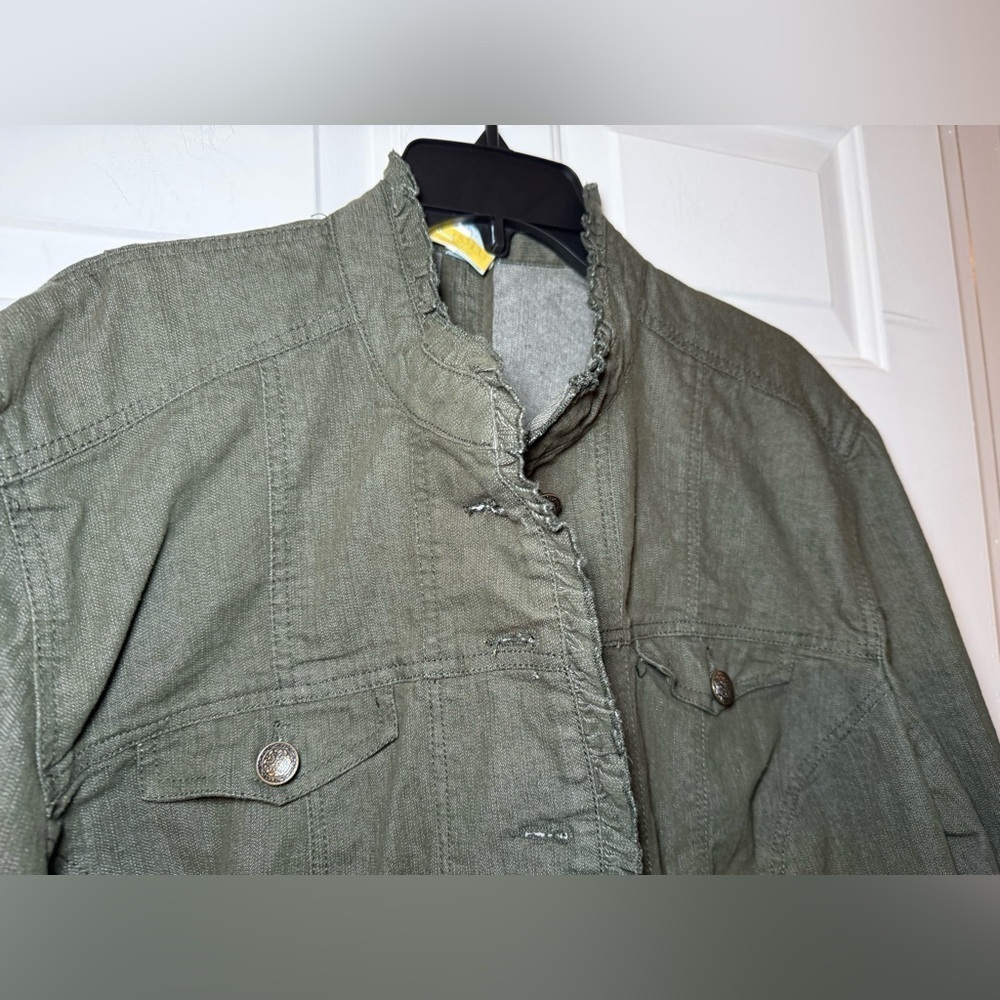 Liz & Me Khaki Green Denim Ruffled Jacket Size 2X Plus Pockets New Preppy